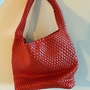 Red Woven Leather Tote Bag